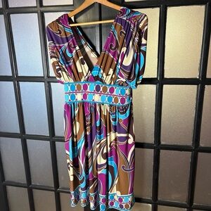 Women’s Retro Multicolor Empire Waist Sleeveless Dress Purple Teal Brown